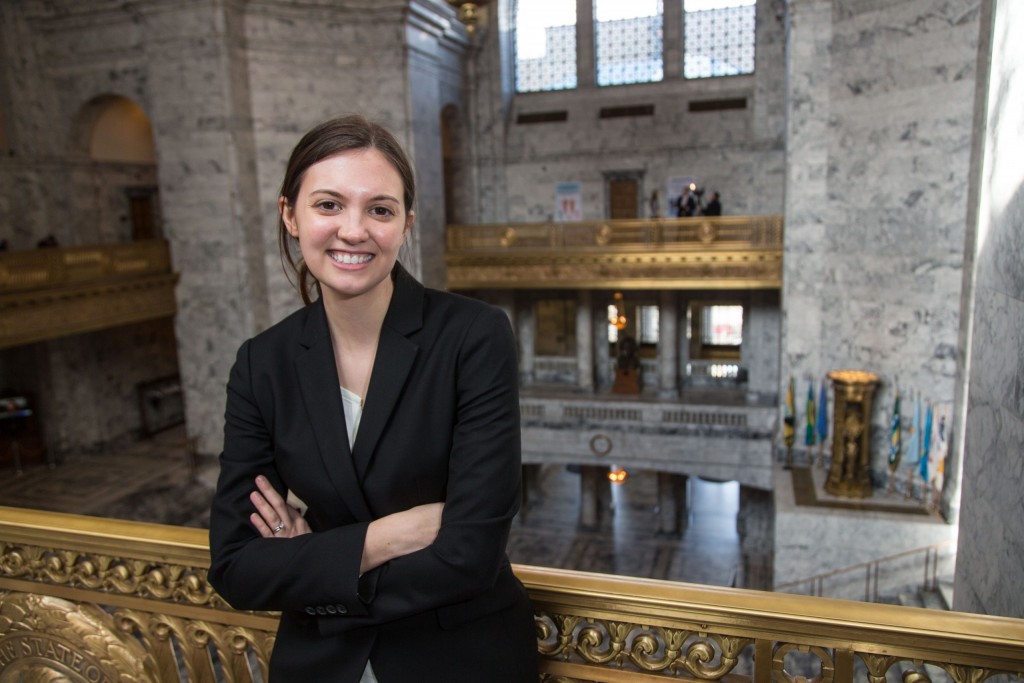 Briahna Murray '07, VP of Government Affairs, Gordon Thomas Honeywell, in the capitol rotunda, is one of the Lutes in the legislature in Olympia, Washington on Thursday, Feb. 18, 2016. (Photo: John Froschauer/PLU)