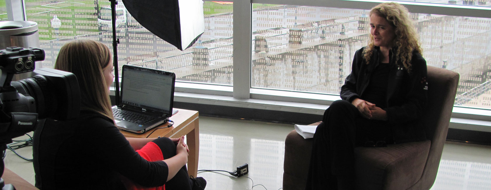 MediaLab member Natalie DeFord (left) interviews engineer and former Canadian astronaut Julie Payette in Montreal, Quebec. (Photo courtesy of MediaLab)