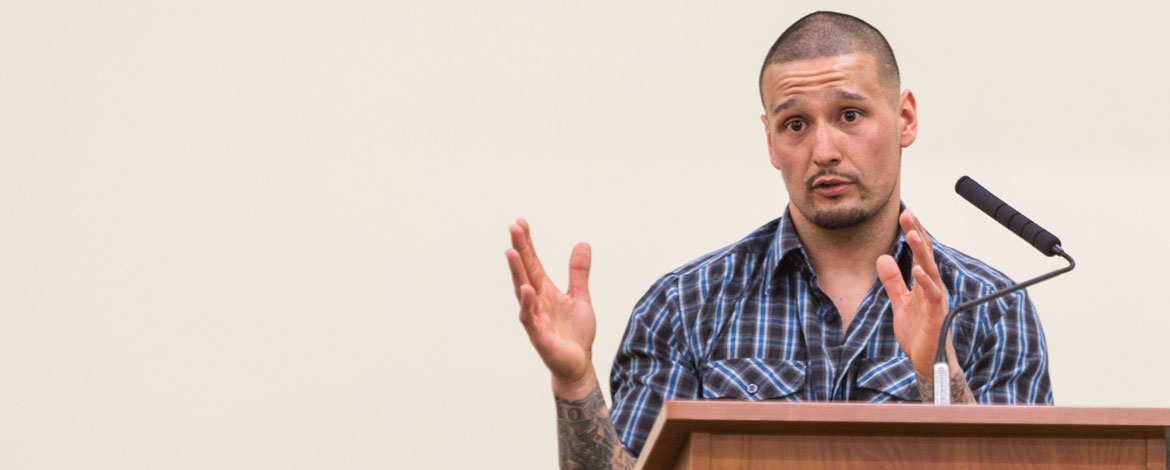 Joshua Cushman speaking as part of the Wang Center Symposium "The Countenance of Hope" at PLU, on Thursday, Feb. 25, 2016. (Photo: John Froschauer/PLU)