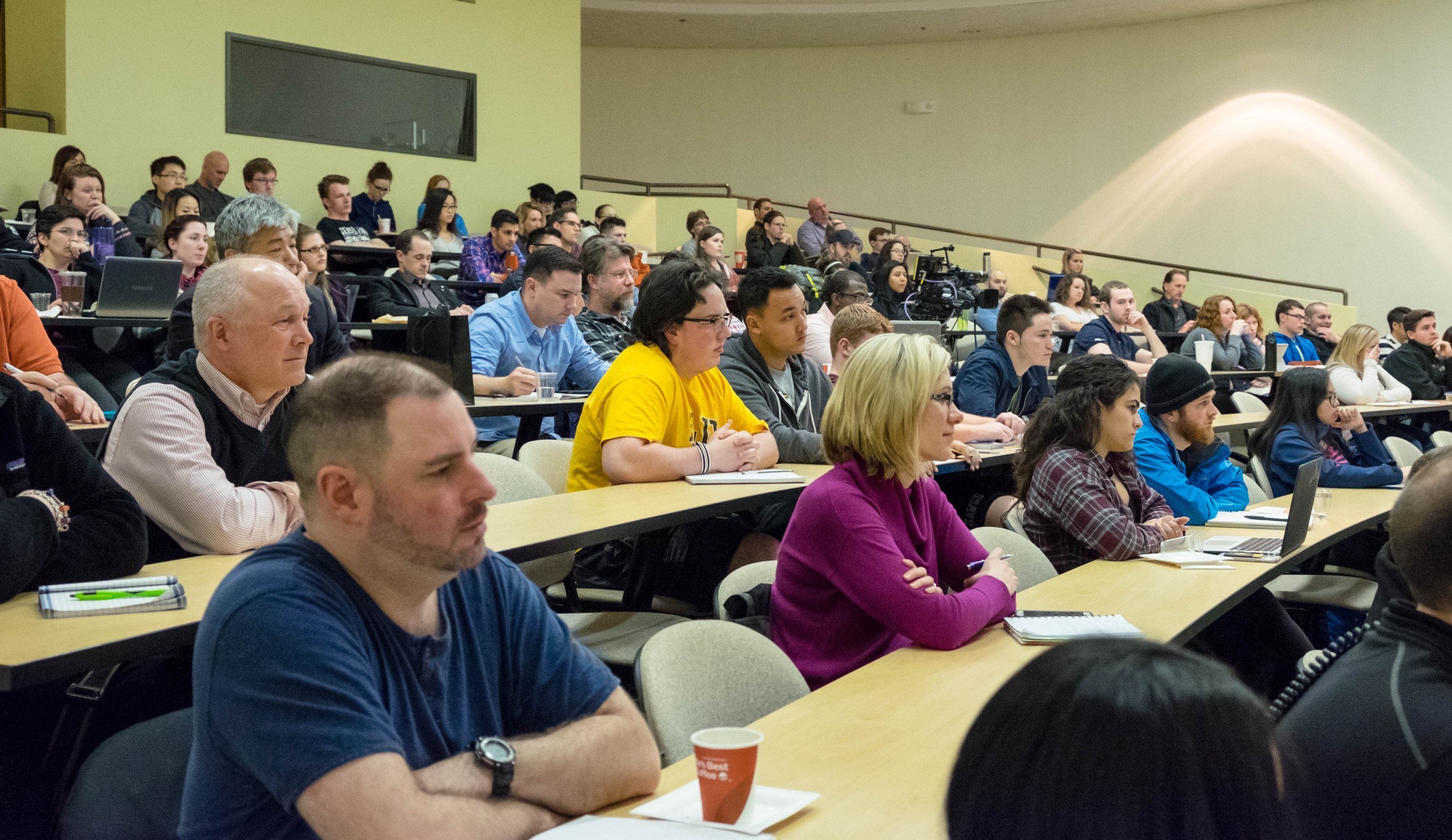 Audience listening to Nick Sears '87, '95, co-founder of Android, speaking as part of the Executive Leadership Series at PLU, on Monday, Feb. 22, 2016. (Photo: John Froschauer/PLU)