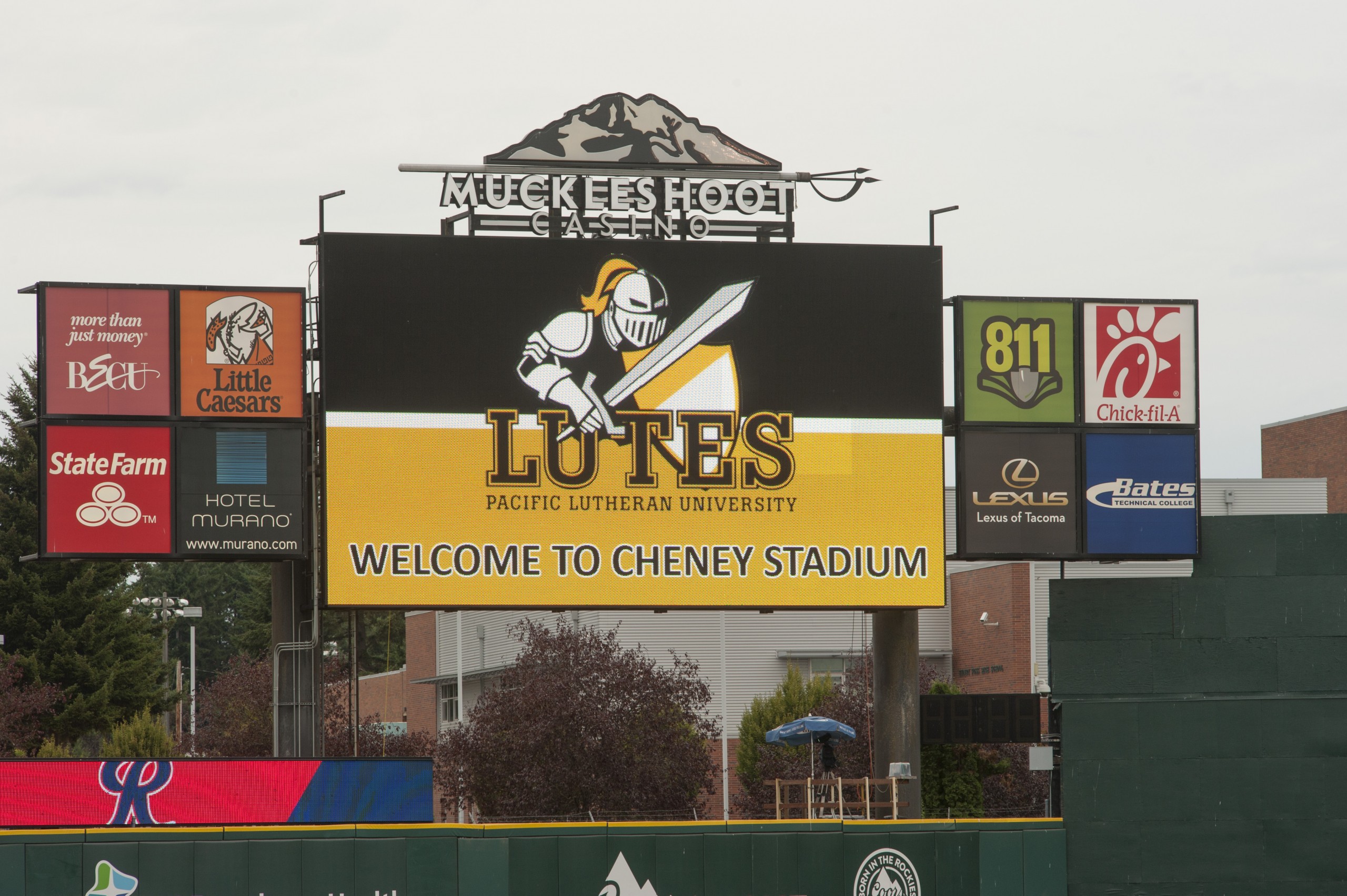 PLU athletics logo welcoming people to Cheney Stadium at the ballpark in 2015.