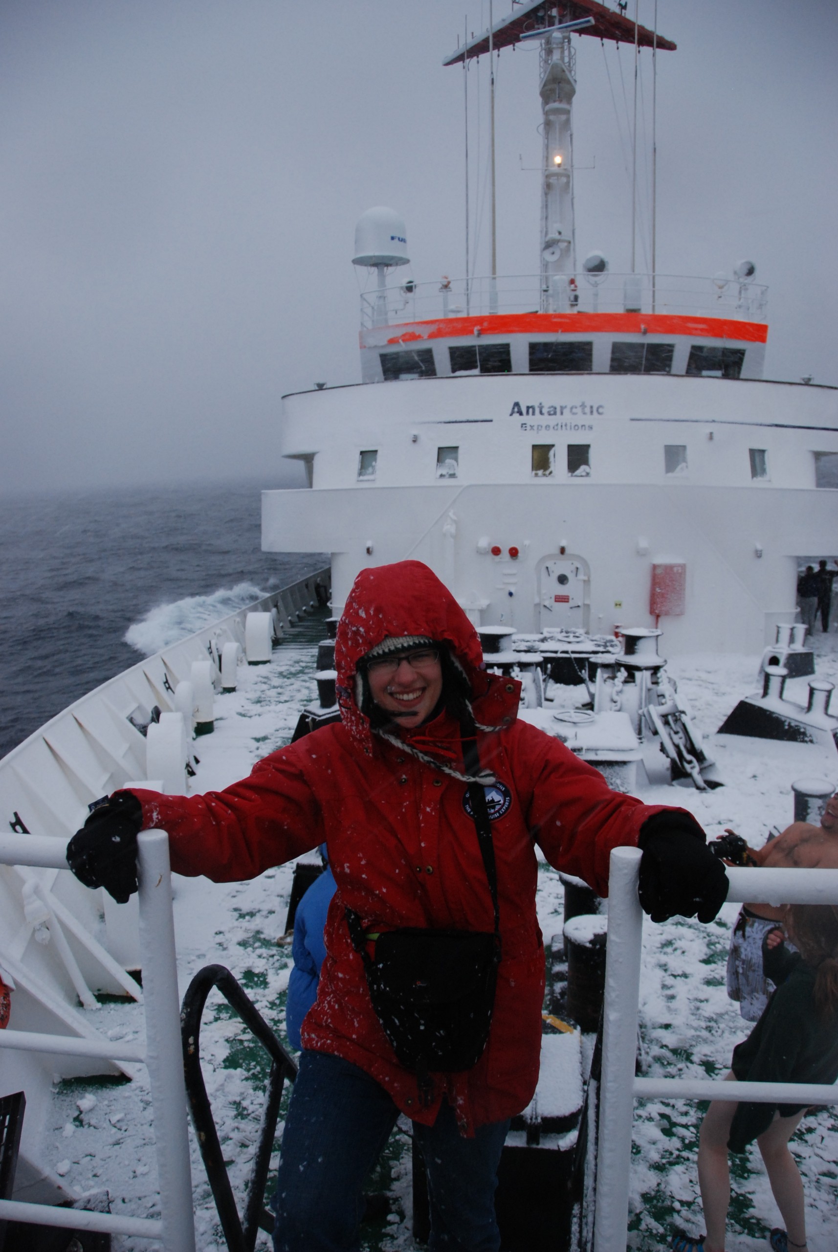 DSC_0224 Bryanna Plog '10 aboard the M/V Ushauia during her J-Term study away program in Antarctica. (Photo courtesy of Plog)