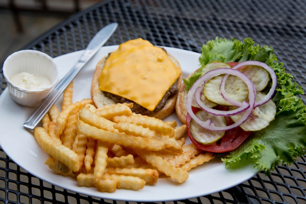 Close up photo of a cheeseburger and fries.