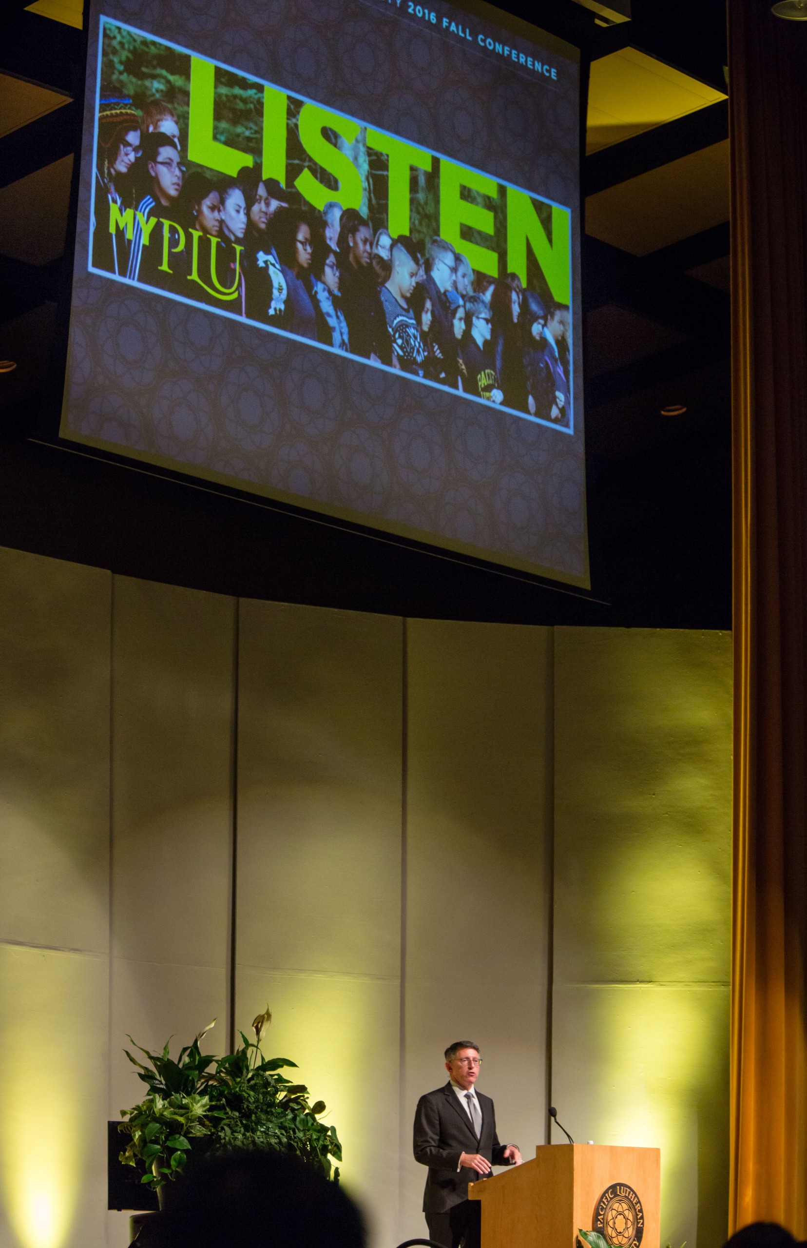 President Thomas W. Krise describes the recently launched Listen campaign at University Conference, Wednesday, Aug. 31, 2016. (Photo: John Froschauer/PLU)