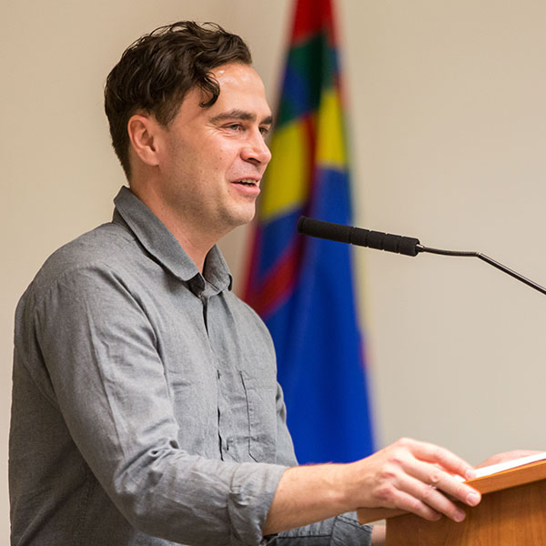 Sigbjørn Skåden, an award-winning Sámi poet and novelist from Norway, delivered this year’s Bjug Harstad Memorial Lecture at PLU’s Scandinavian Cultural Center.