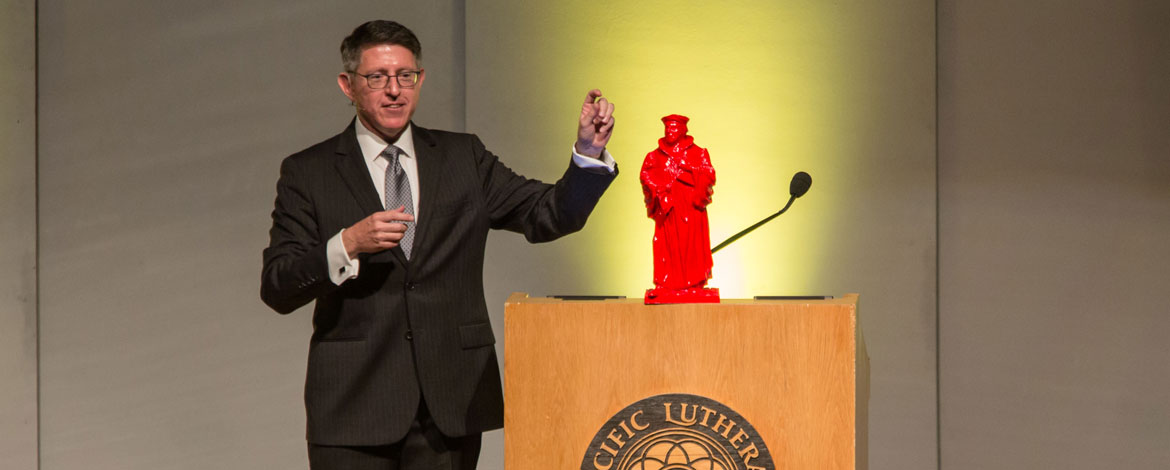 President Thomas W. Krise speaks at University Conference on Wednesday, Aug. 31. (Photo: John Froschauer/PLU)