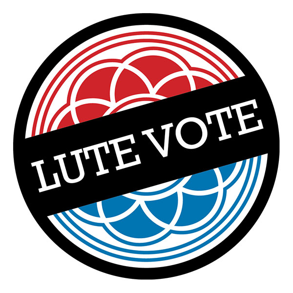 LuteVote logo showing the PLU rose window behind it in red and blue colors