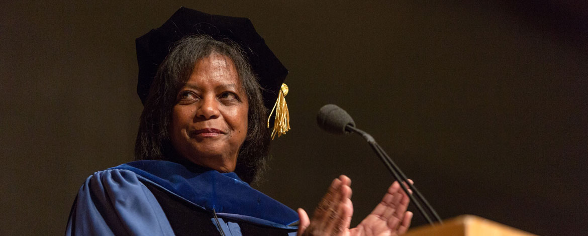 Rae Linda Brown, Ph.D., addresses first-year Lutes at the annual convocation ceremony a month after beginning her tenure as provost and senior vice president for academic affairs. (Photo by John Froschauer/PLU)