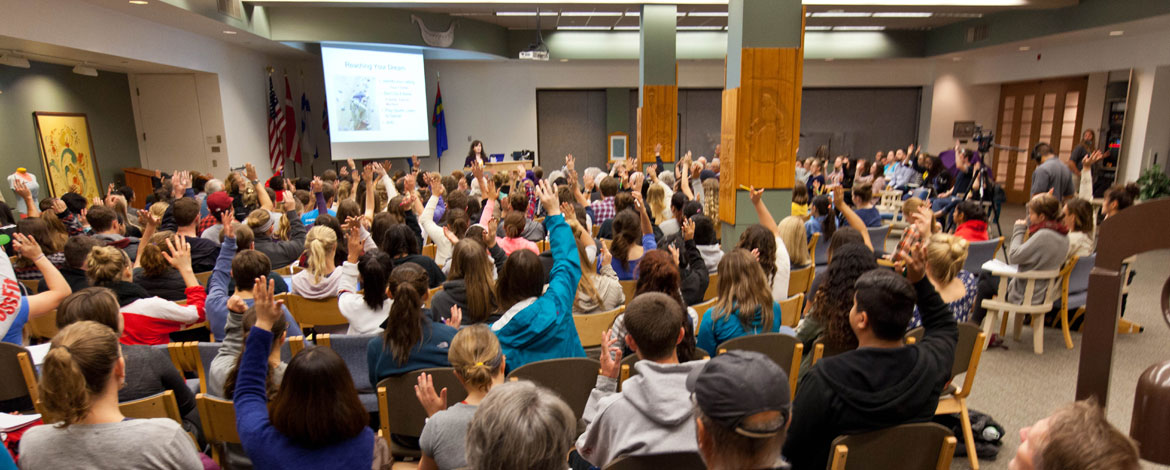 Janice Brunstrom-Hernandez, MD, '83 speaks at the Meant to Live lecture during Homecoming 2015. (Photo by John Froschauer/PLU)