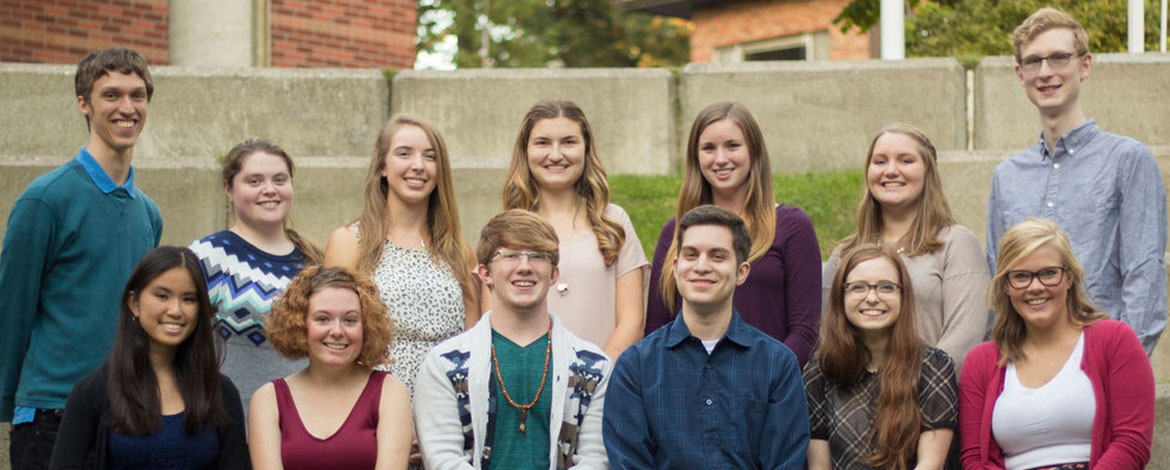 MediaLab members for 2016-17. Front row (left to right): Jenny Kimura '17, Michelle McGrath '17, Chris Boettcher '17, Eric Zayas '17, Julia Grosvenor '19 and Elise Anderson '17. Back row (left to right): Joshua Wiersma '17, Kelly Lavelle '18, Nicole Jones '19, Rachel Lovrovich '18, Cara Gillespie '17, Rhiannon Berg '18 and Turner Bryk '17.