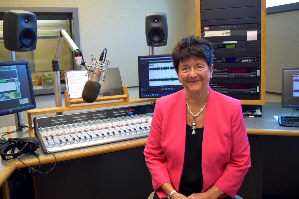 Terry Bergeson, interim dean of the PLU School of Education and Kinesiology, in the KNKX Public Radio studio at Pacific Lutheran University