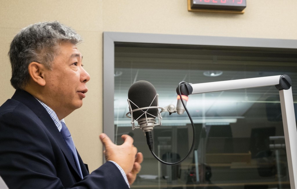 Dr. Chung-Shing Lee, PLU School of Business Dean, in the KNKX studio at PLU.
