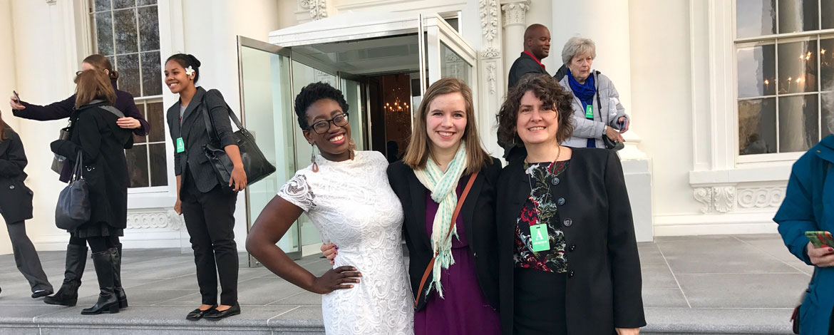 (From left) Tolu Taiwo, Monica Richardson and Kim Riano in Washington, D.C., last month. The trio accepted a certificate on behalf of PLU's Health and Wellness Committee, after the university was named a Healthy Campus honoree by the White House. (Photo courtesy of Taiwo)