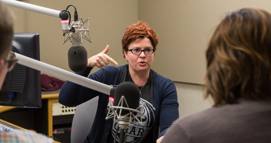 Host Amy Young shares an opinion recording Open to Interpretation in the KNKX studio on the PLU campus.
