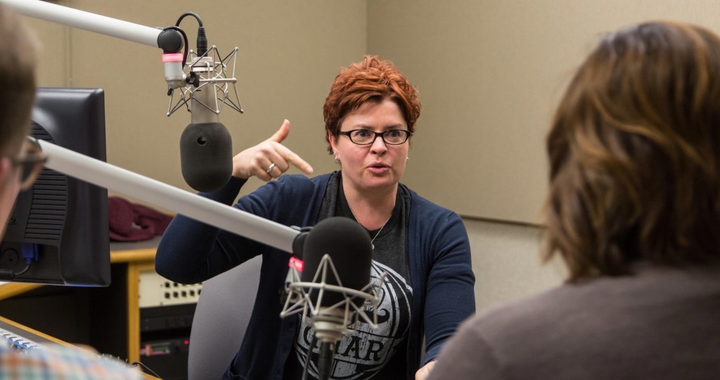 symbol-1 Host Amy Young shares an opinion recording Open to Interpretation in the KNKX studio on the PLU campus.