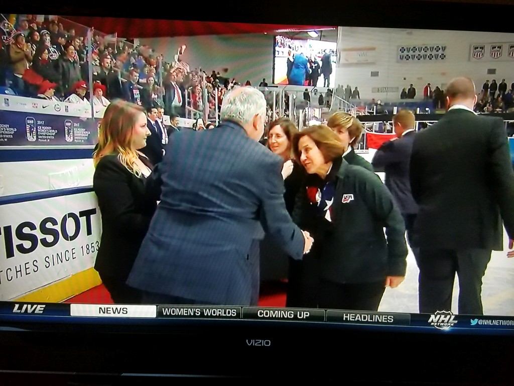 Colleen Hacker, Ph.D., is pictured in a television broadcast of the world championship game. (Photo courtesy of Hacker)