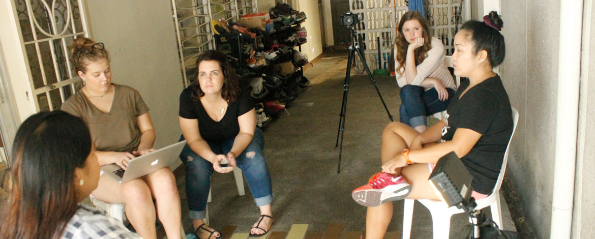 students interview women for sex trafficking documentary