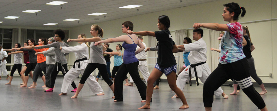 Lutes practice martial arts in the Columbia Center at PLU on Tuesday, Oct. 3, as part of a five-week self-defense series. (Photo by Oliver Johnson)