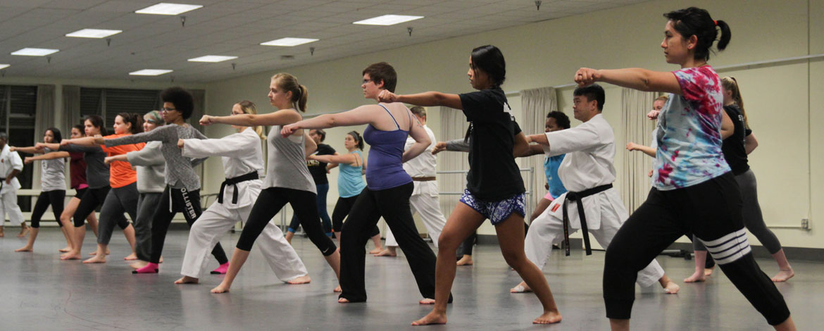 karate-3 Lutes practice martial arts in the Columbia Center at PLU on Tuesday, Oct. 3, as part of a five-week self-defense series. (Photo by Oliver Johnson)