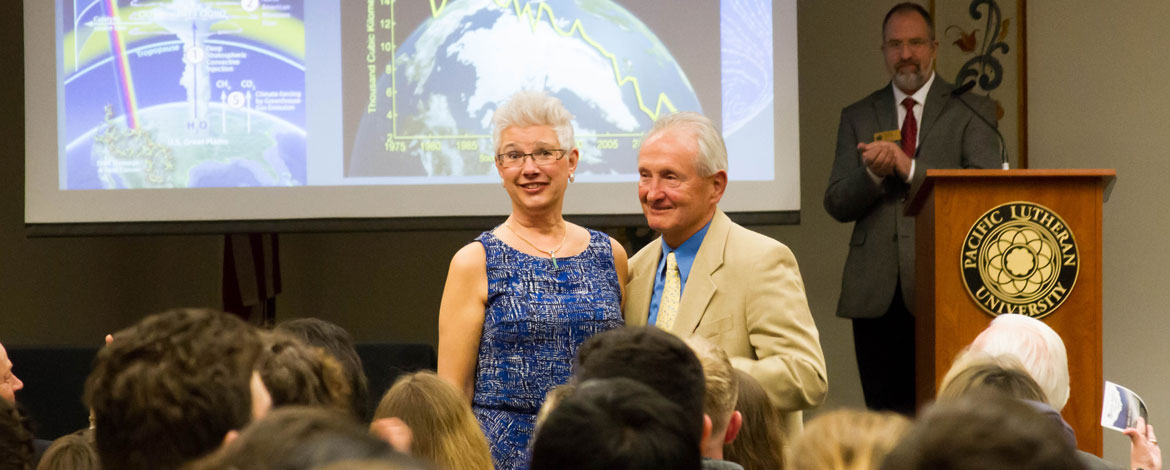 Helen and George Long at the inaugural Rachel Carson Lecture in March. The event is supported by the The George and Helen Long Science, Technology and Society Endowment.