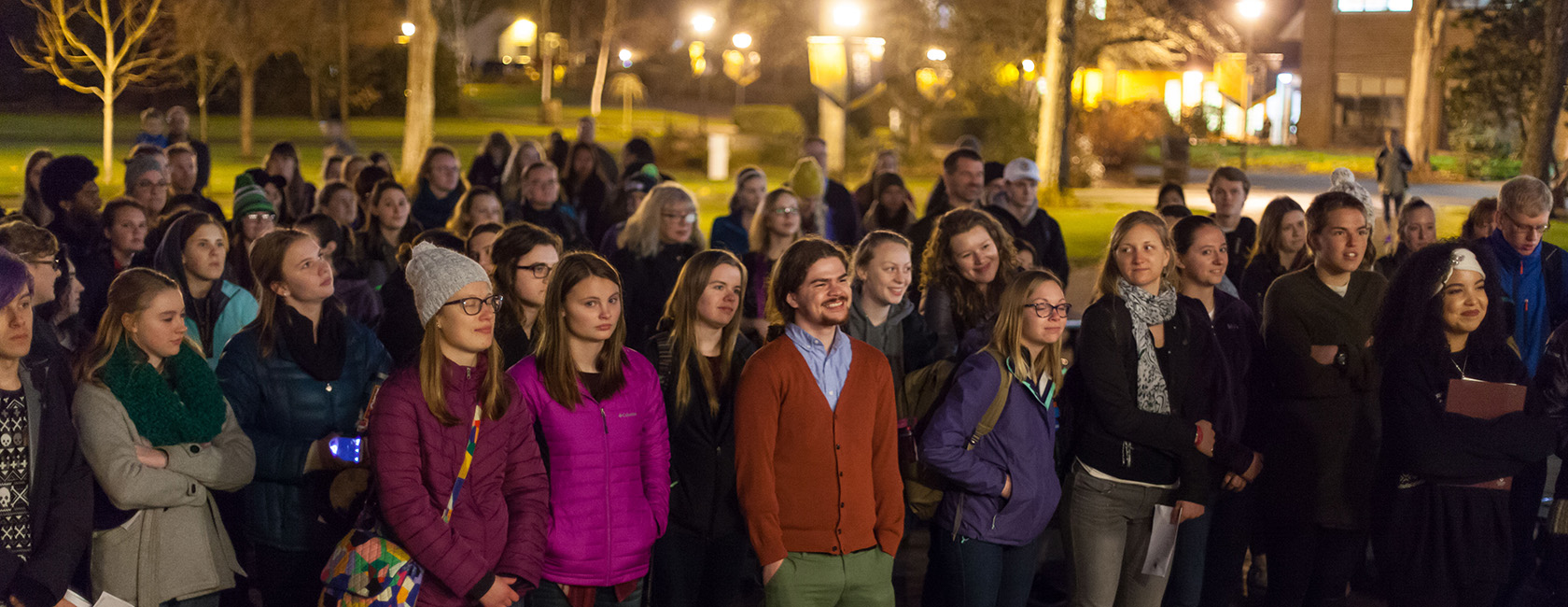 Students gather in Red Square for last year's Celebration of Light, an exploration of religious and cultural aspects of the holiday followed by singing and lighting the trees.