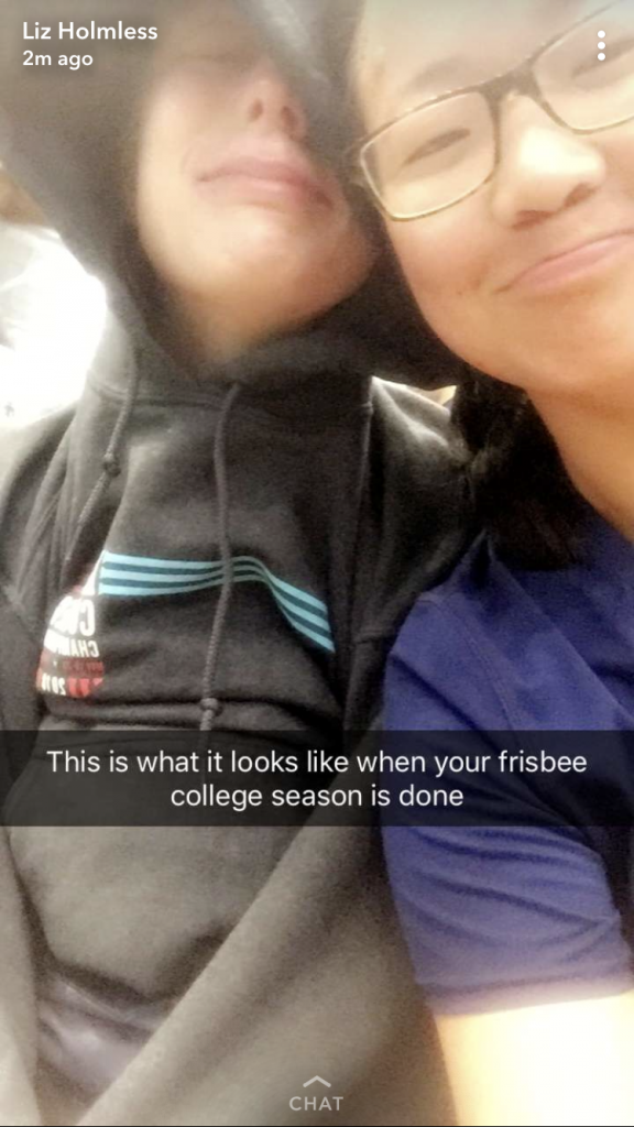 Genny Boots '18 (left) gets emotional in a SnapChat at the conclusion of the national tournament for Ultimate Frisbee. (Photo courtesy of Boots)