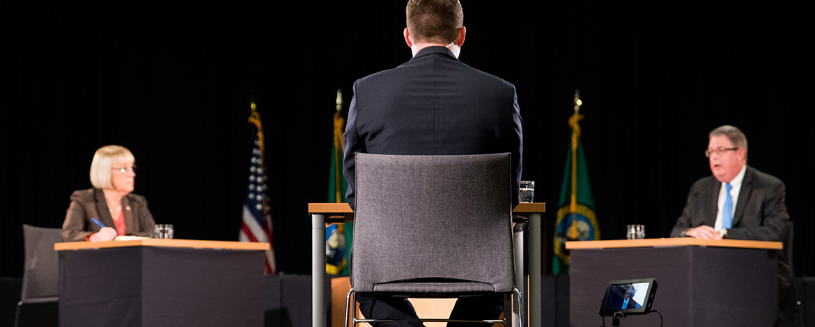 Washington state senator candidates face off in a debate hosted by the Washington Debate Coalition in Gonzaga University's Hemmingson Center Ballroom on October 16th, 2016. (Photo by Edward Bell)