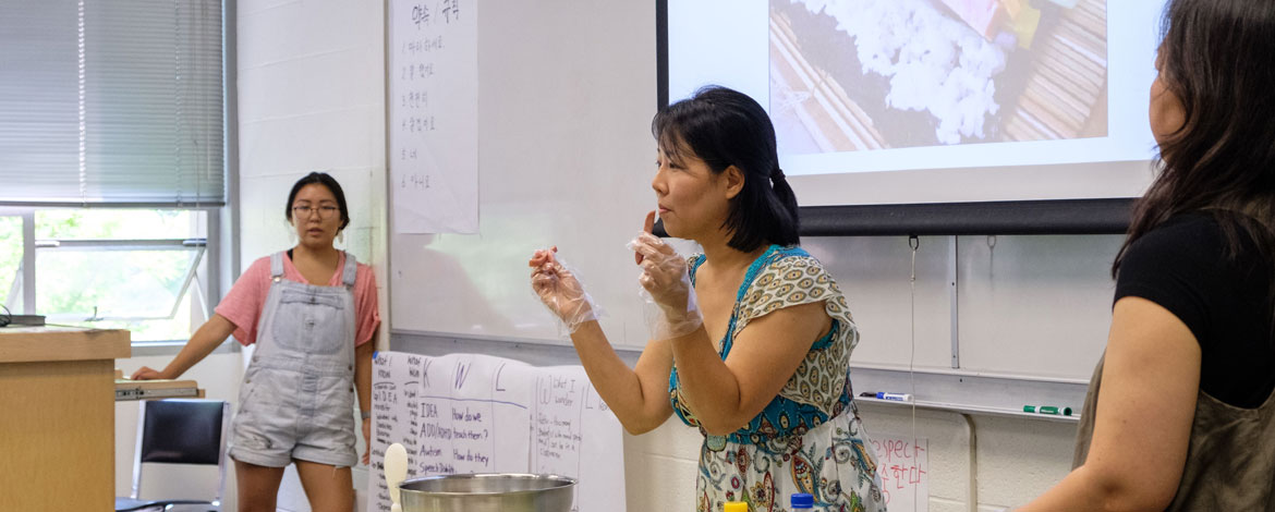 Native Korean and Chinese speakers learn how to teach lessons in their respective languages through the STARTALK program, a grant-funded program that came to PLU's campus this year for the first time in the 11-year partnership with Seattle Public Schools. (Photos by John Froschauer/PLU)