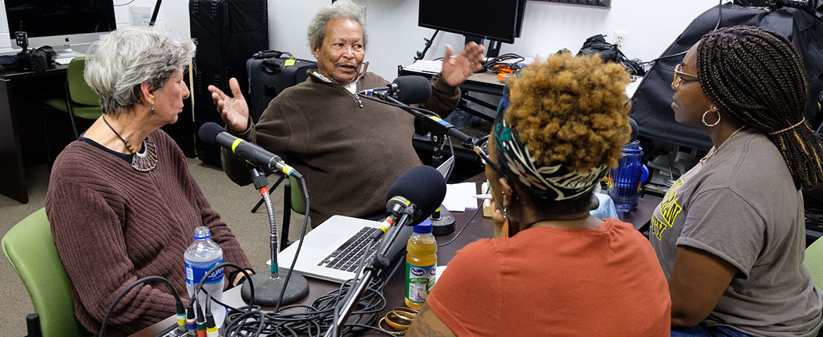 Podcast recording with Shelondra Harris, Earl Lovelace, Angie Hambrck and Barbara Temple-Thurston at PLU, Wednesday, Sept. 26, 2018. (Photo/John Froschauer)