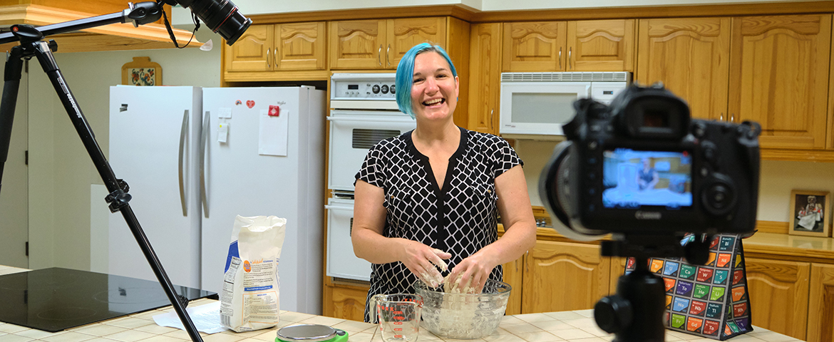 Prof. Andrea Munro prepping dough in the Scandinavian Center kitchen for an online chemistry class of the chemistry of food at PLU Friday, July 19, 2019. (Photo/John Froschauer)