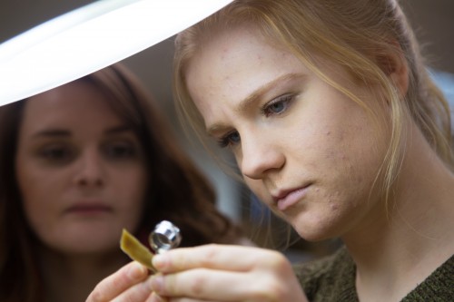 PLU anthropology students look over artifacts collected in archeological sites from Mt. Rainier.