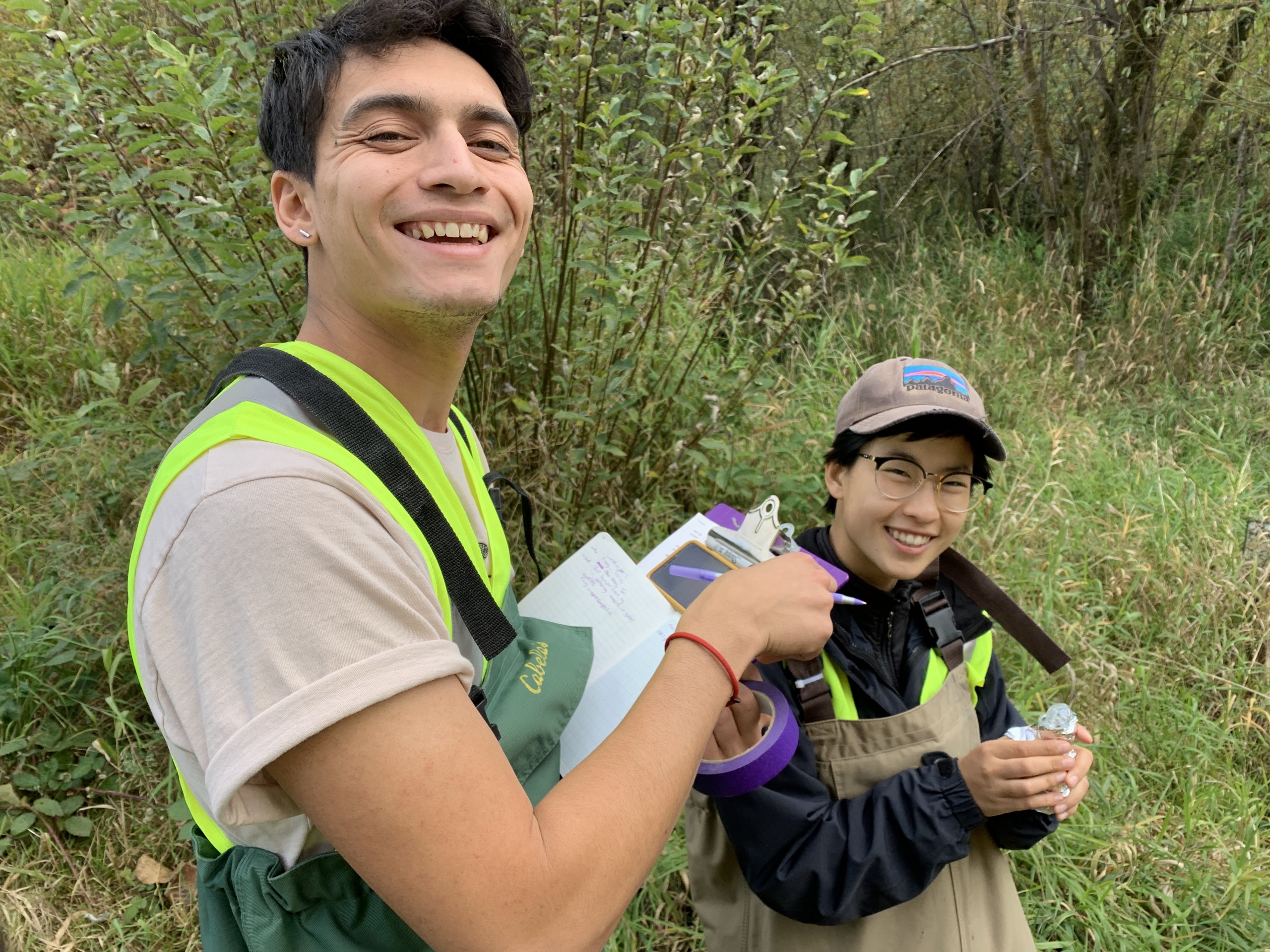 Photos of PLU students collecting samples near a stream bed.