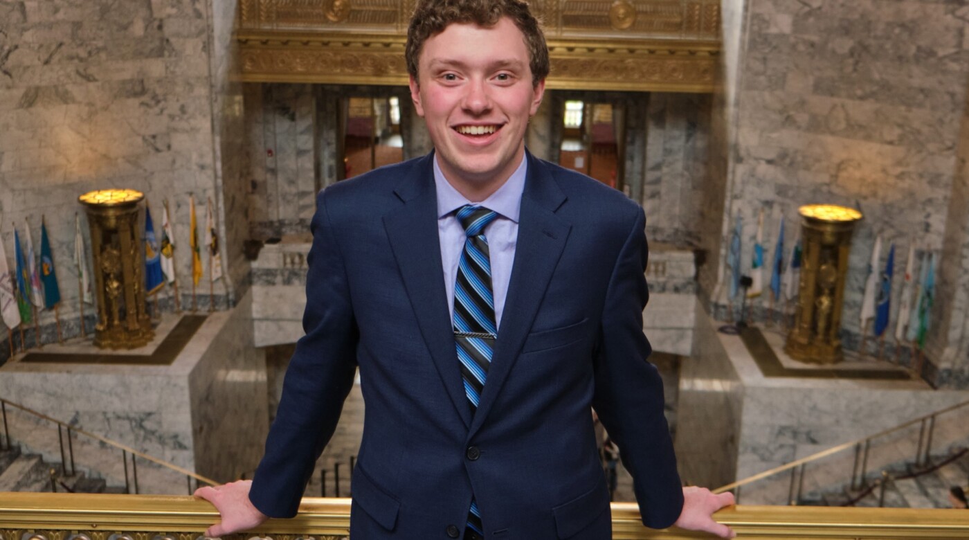 Pacific Lutheran University political science major Jeremy Knapp ‘21 is learning the ins and outs of the Washington State Senate as an intern for Sen. Marko Liias (D-Lynnwood) in Olympia. (Photo/John Froschauer)