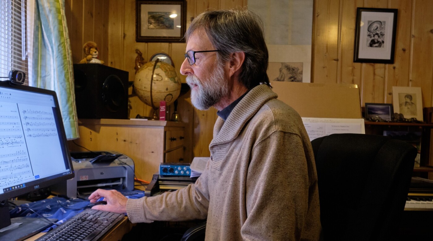 PLU professor of music Gregory Youtz teaches a distance-learning music course from his home. (Photo/John Froschauer)