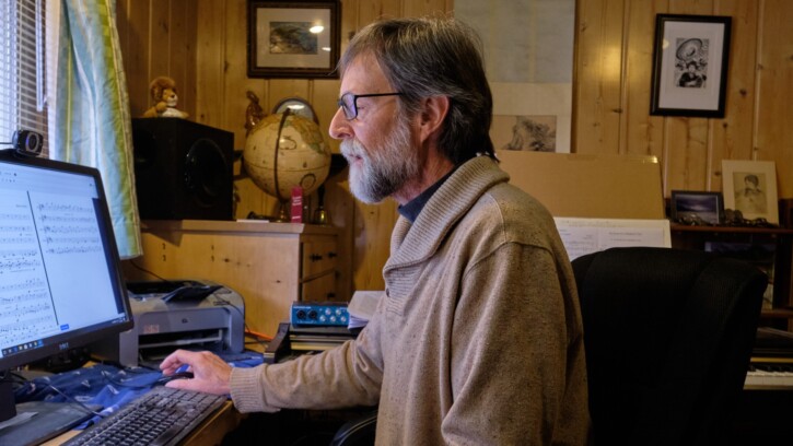 PLU professor of music Gregory Youtz teaches a distance-learning music course from his home. (Photo/John Froschauer)