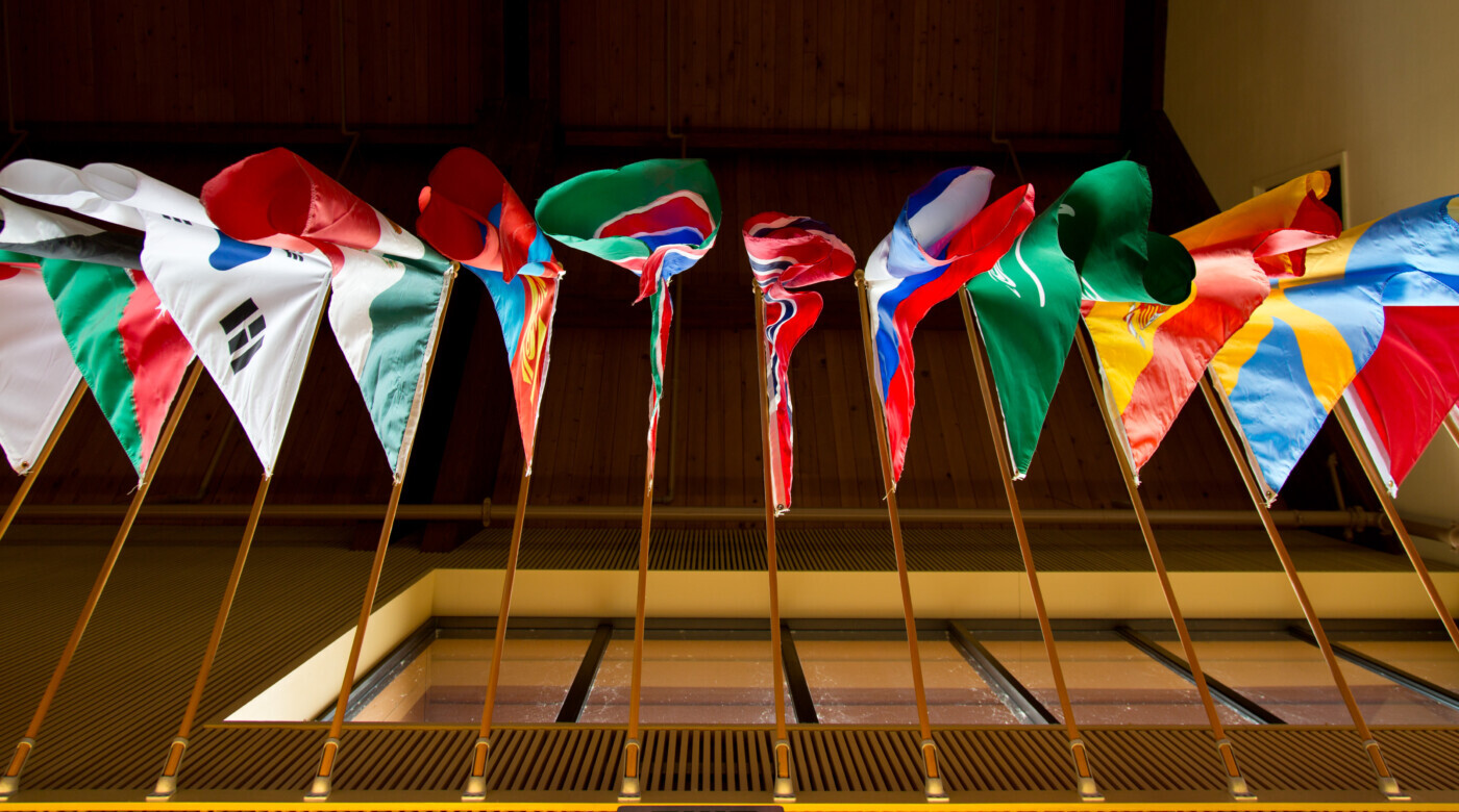 Flags of nations from around the world hanging in PLU's Anderson University Center. (Photo/John Froschauer)