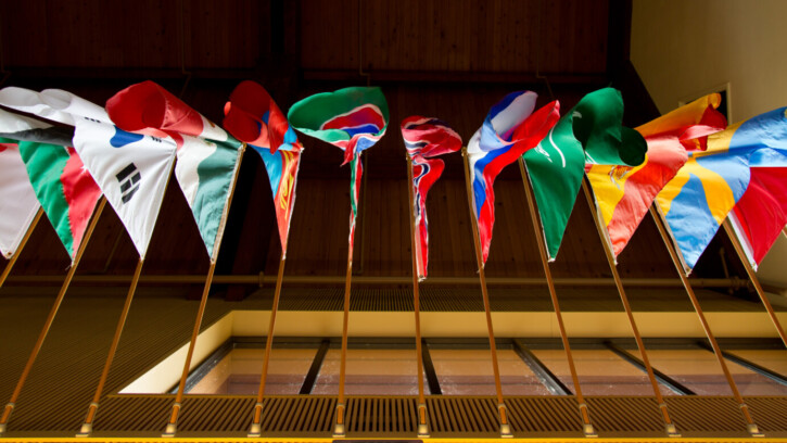 Flags of nations from around the world hanging in PLU's Anderson University Center. (Photo/John Froschauer)