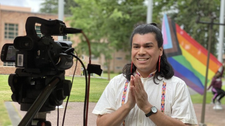 Luke Ruiz at the Pride flag raising