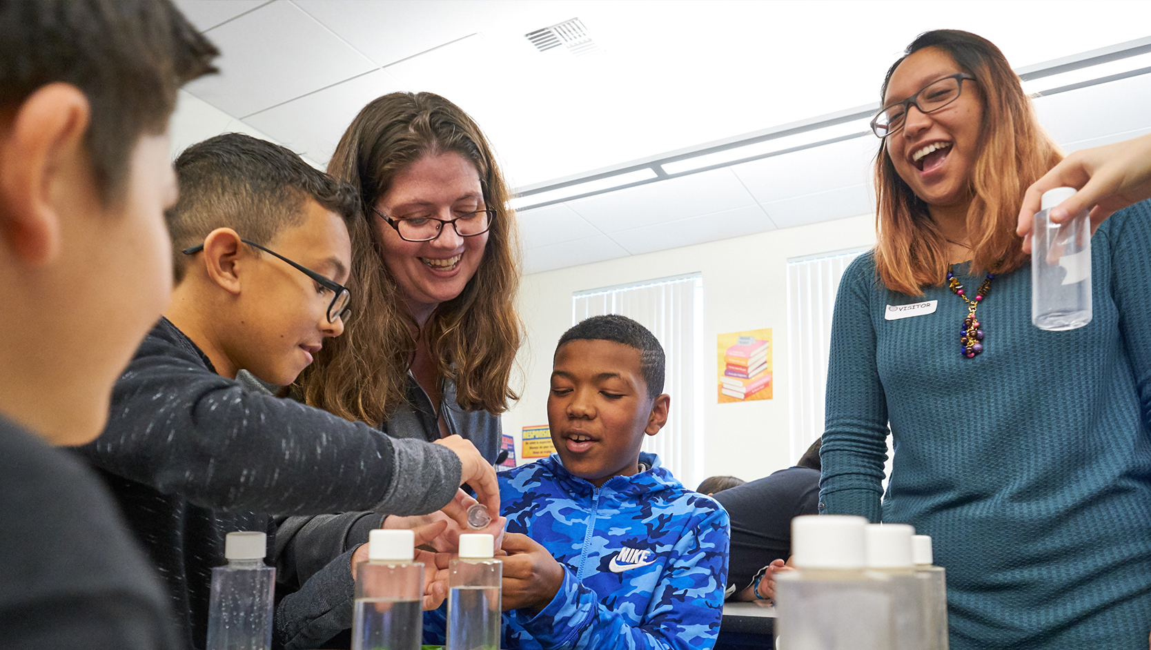 PLU students Jimmy Aung and Jamie Escobar leading a science class at Four Heroes Elementary as they explore the education through a grant funded program, Wednesday, April 17, 2019. (Photo/John Froschauer)