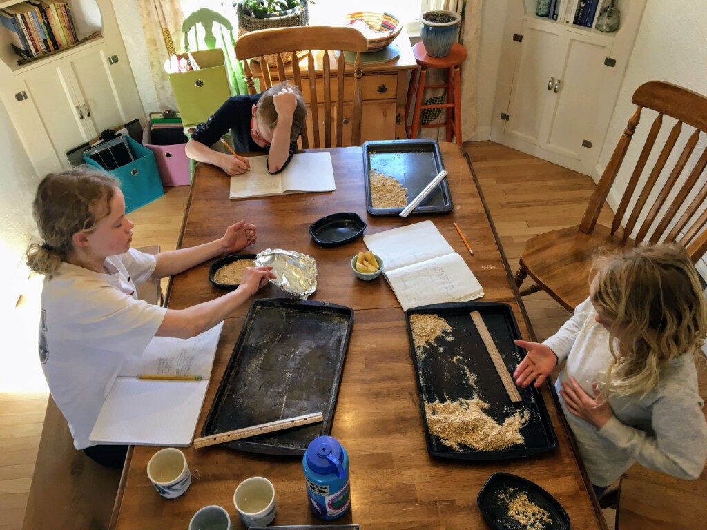 Photo of three children studying and doing homework on kitchen table.