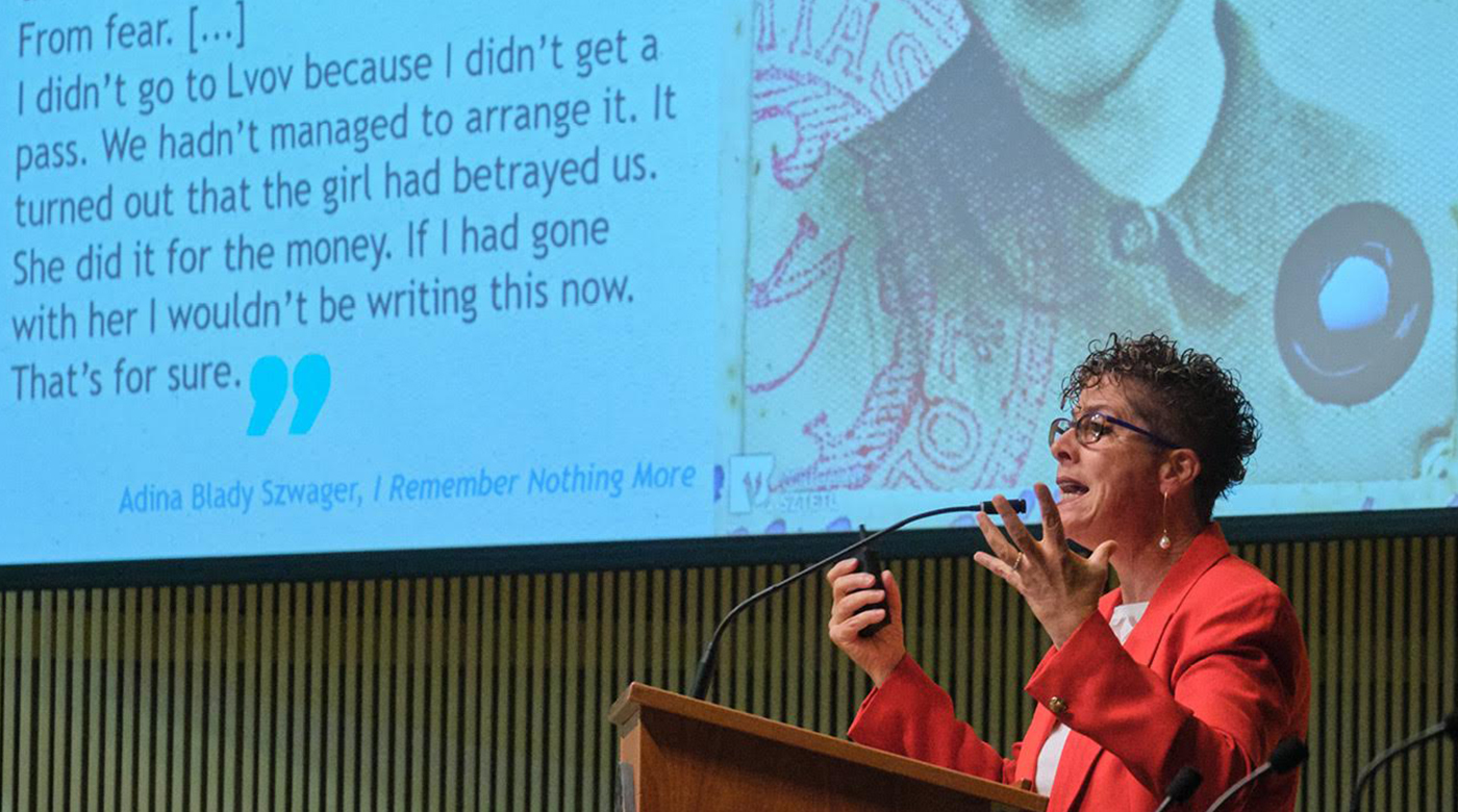 Sheryl Ochayon, an attorney and educator who directs Yad Vashem’s “Echoes and Reflections: Teaching the Holocaust, Inspiring the Classroom” program, speaking at PLU’s Powell-Heller Conference for Holocaust Education in 2019.