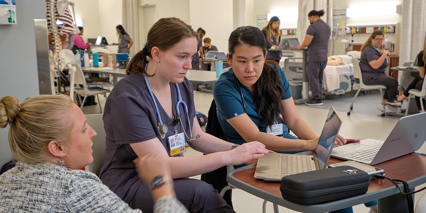 Nursing students in a class and lab with Prof. Rainey Banick Wood, Thursday, July 8, 2021, at PLU. (PLU Photo/John Froschauer)