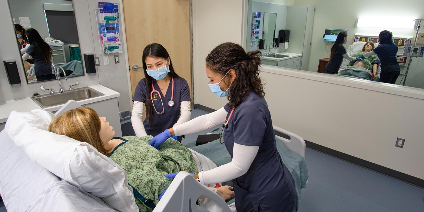 Nursing students in the simulation lab, Thursday, Oct. 22, 2020, at PLU. (PLU Photo/John Froschauer)