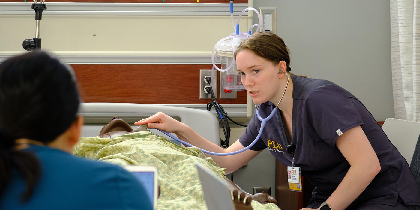 Nursing students in a class and lab with Prof. Rainey Banick Wood, Thursday, July 8, 2021, at PLU. (PLU Photo/John Froschauer)