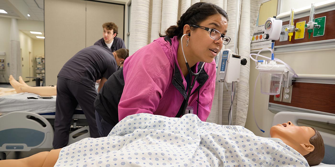 Nursing students in a class and lab with Prof. Rainey Banick Wood, Thursday, July 8, 2021, at PLU. (PLU Photo/John Froschauer)