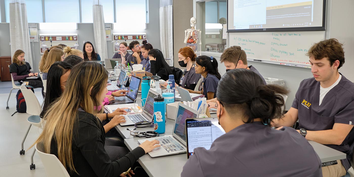 Nursing students in a class and lab with Prof. Rainey Banick Wood, Thursday, July 8, 2021, at PLU. (PLU Photo/John Froschauer)