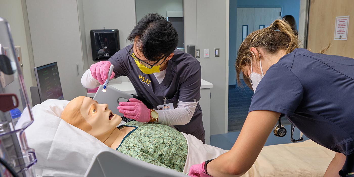 Nursing students in a class and lab with Prof. Rainey Banick Wood, Thursday, July 8, 2021, at PLU. (PLU Photo/John Froschauer)