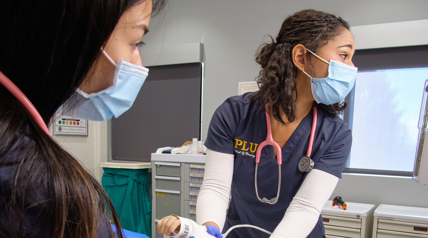 Nursing students in the simulation lab, Thursday, Oct. 22, 2020, at PLU. (PLU Photo/John Froschauer)