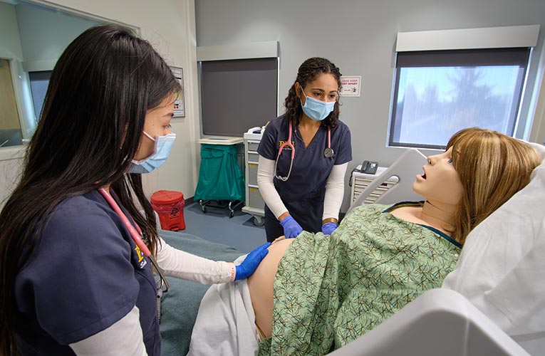 Nursing students in the simulation lab, Thursday, Oct. 22, 2020, at PLU. (PLU Photo/John Froschauer)