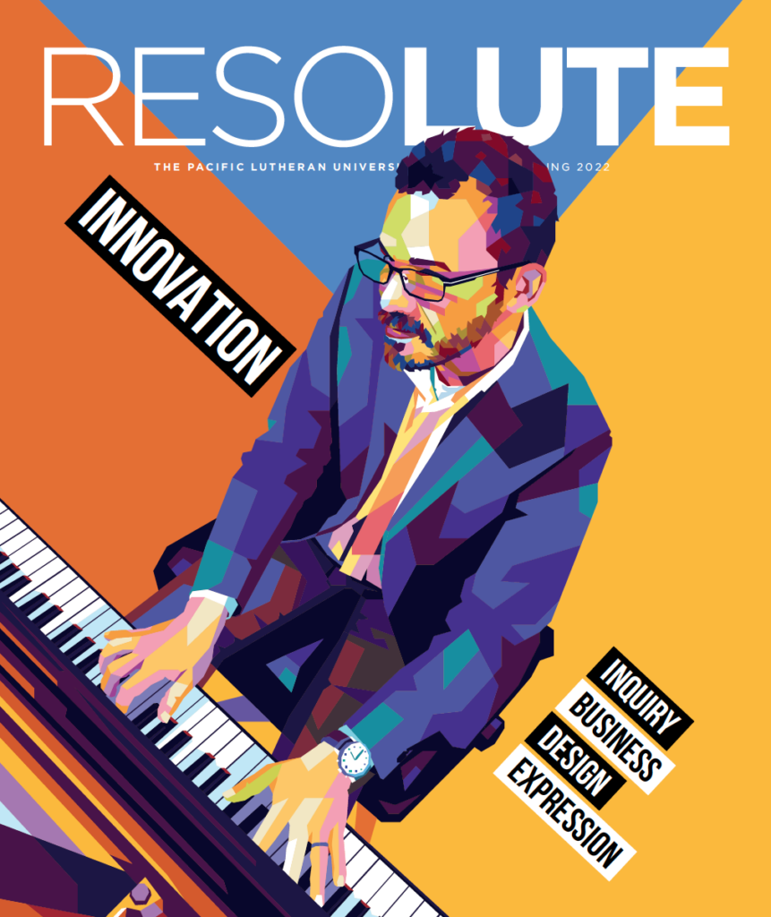 Cover of the "innovation" issue of ResoLute magazine. Cover image is an artistic rendering a music professor playing piano.